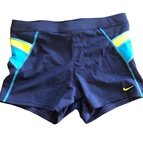 Nike Swim Shorts Sz. M Navy Blue Yellow Color block Summer Beach Pool Vacation - Picture 1 of 6